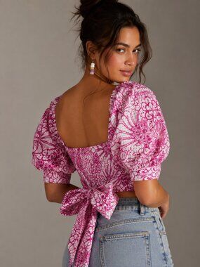 $140 MAEVE Anthropologie Pink Floral Puff Sleeve Tie Back Crop Top